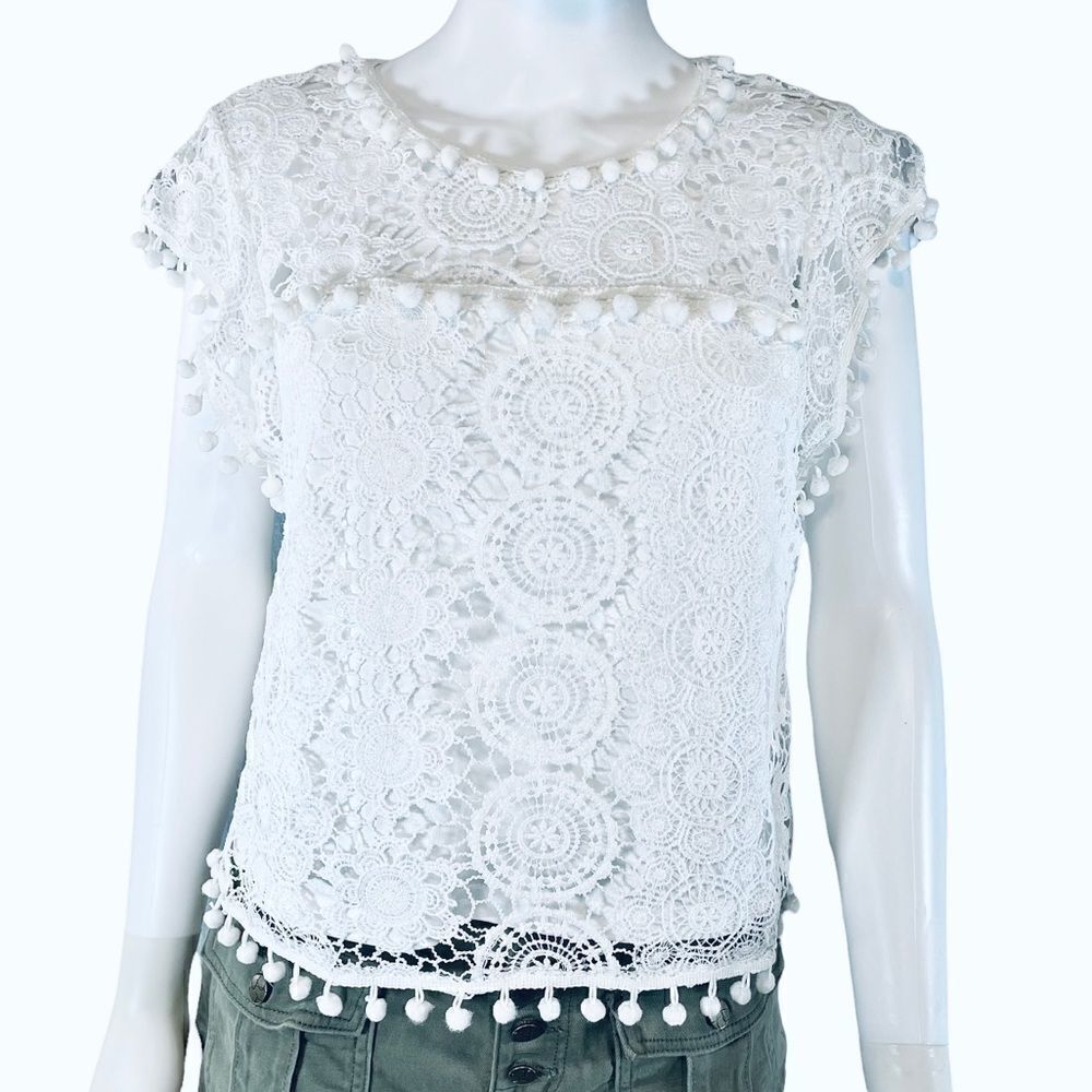 White Lace Embroidered Pom Pom Blouse Medium